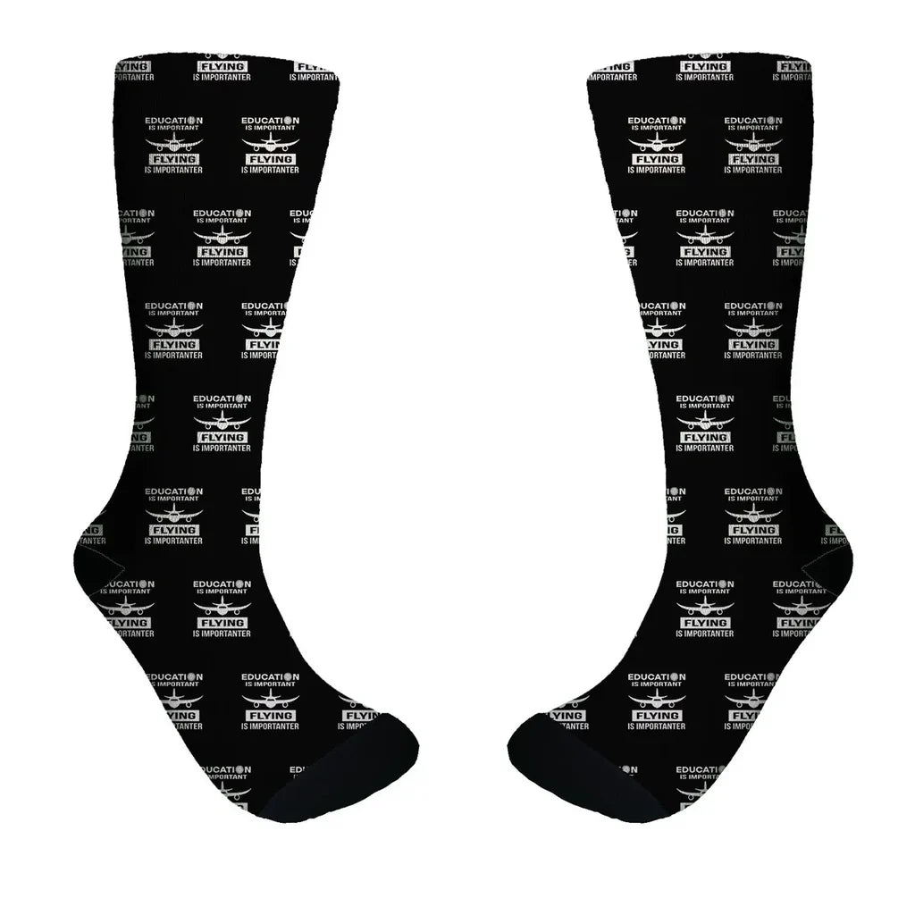 Flying is Importanter aviation design on soft cotton blend socks.