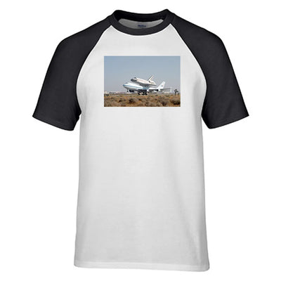 Boeing 747 Carrying Nasa's Space Shuttle aviation design printed on soft cotton raglan T-shirt.