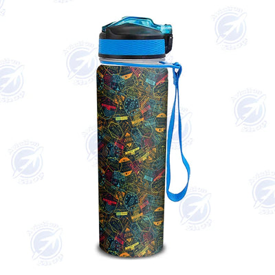 Dark Coloured Passport Stamps Sports aviation design on sport kettle, insulated bottle with sport spout.