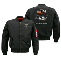 Thumbnail for Leonardo AW139 design on black bomber jacket, double-side print