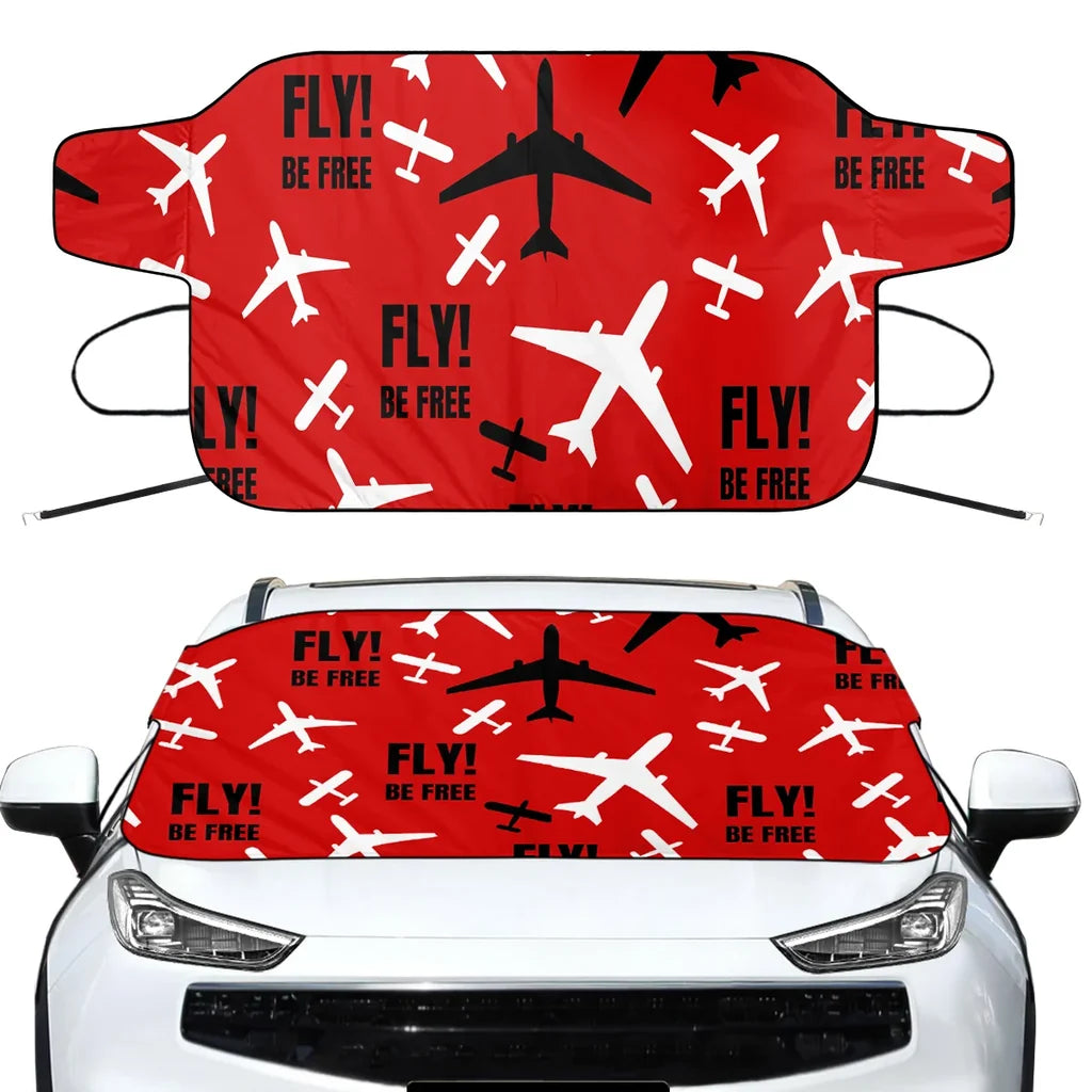 Fly Be Free Red Car aviation design on car windshield cover.