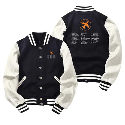 Aviation Alphabet 2 Baseball Style aviation design printed on two-tone shell with ribbed cuffs baseball jacket.