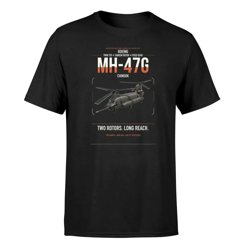 Boeing MH-47G Chinook design on black t-shirt, single-side print