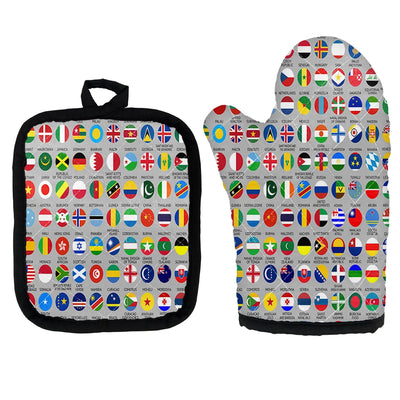 220 World's Flags Kitchen Glove & Holder aviation design on durable fabric with insulated lining kitchen glove holder.