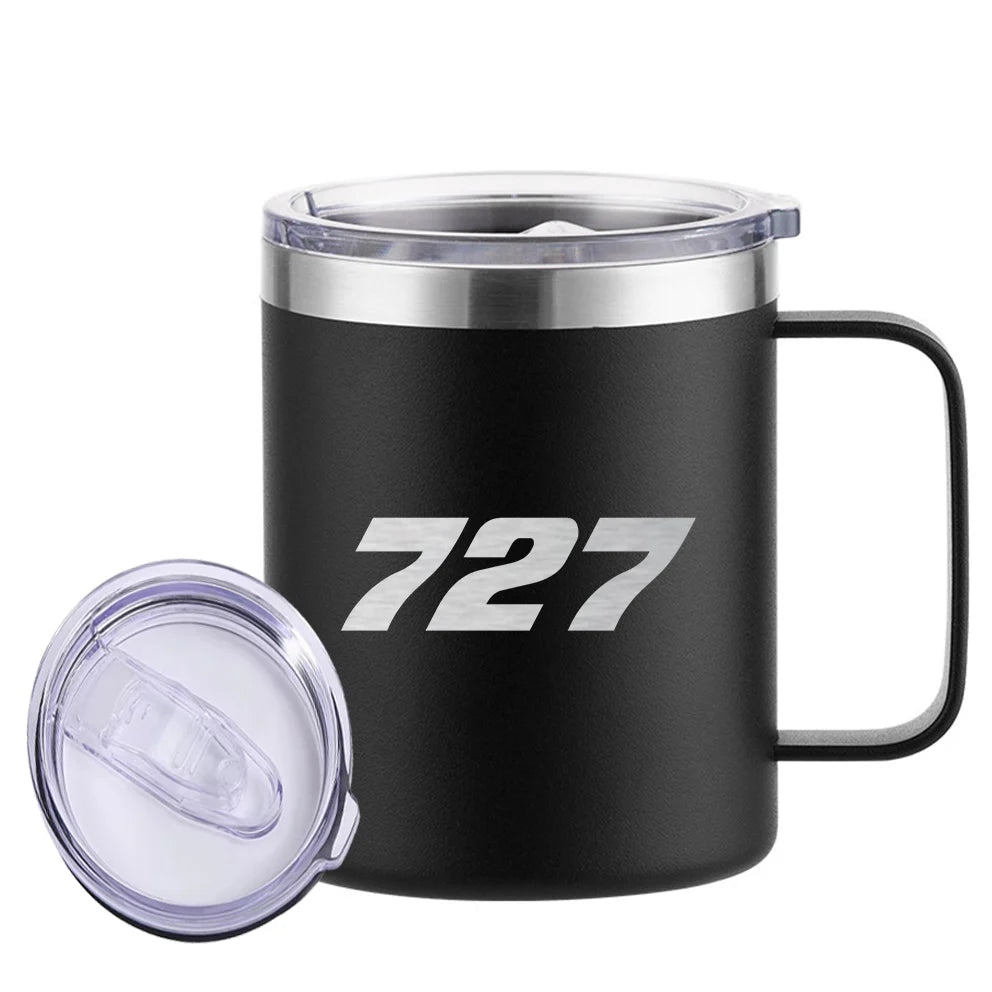 Boeing 727 Flat Text aviation design on laser-engraved mug, permanent laser engraving on stainless.