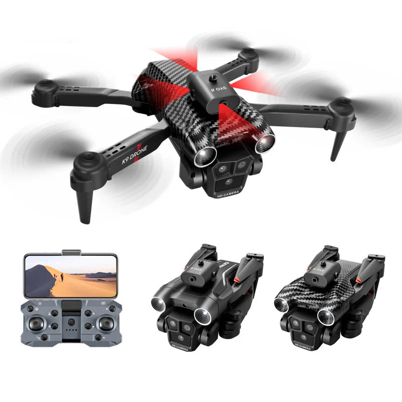Side view of K9MAX Drone: Triple-Lens Aerial Photography Quadcopter with Optical Flow & Obstacle Avoidance, Remote-Controlled.