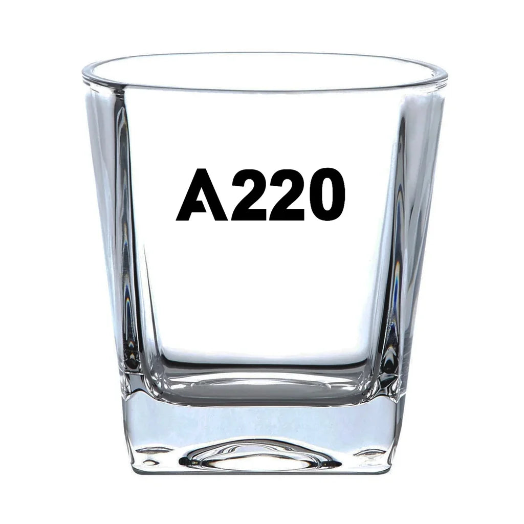Airbus A220 Flat Text aviation design on whiskey glass, crystal-clear premium glassware.