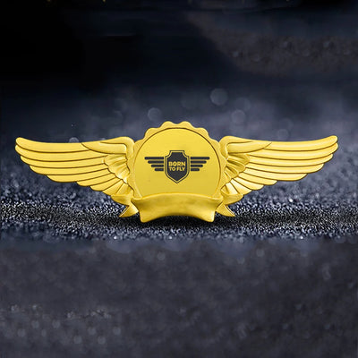 Born To Fly aviation badge in polished metal.