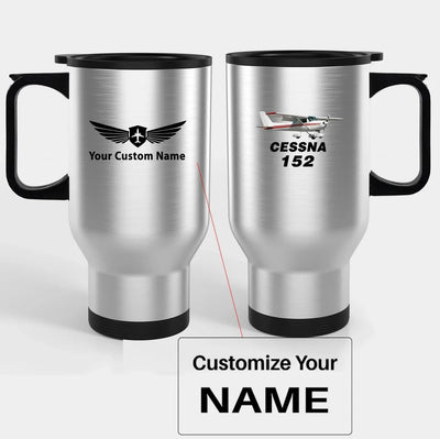 The Cessna 152 Travel Mugs (With Holder) aviation design on travel mug with holder, insulated double-wall with car-cup base.