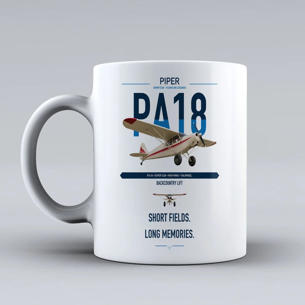 Piper PA-18 Super Cub design on white ceramic mug, double-side print