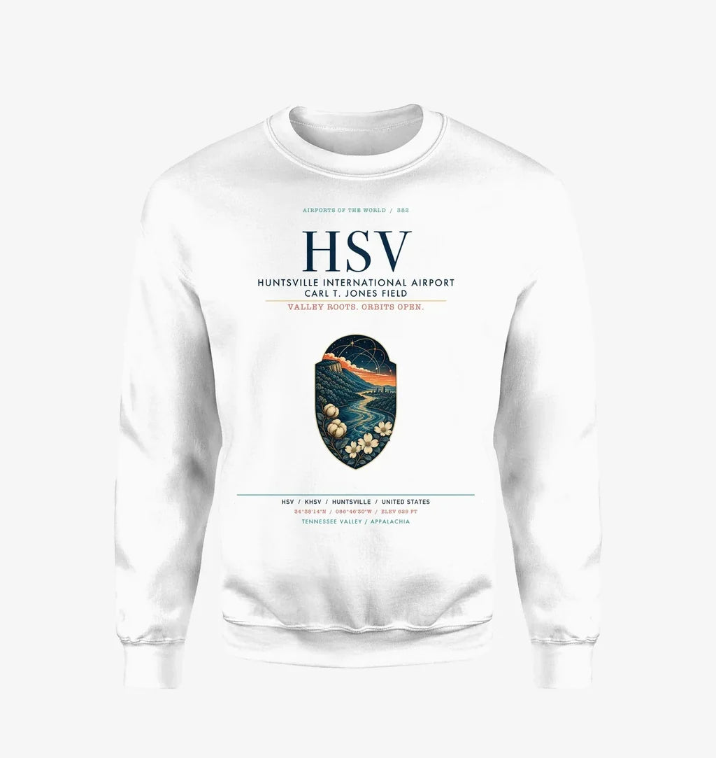 Huntsville International Airport (HSV) design on white sweatshirt
