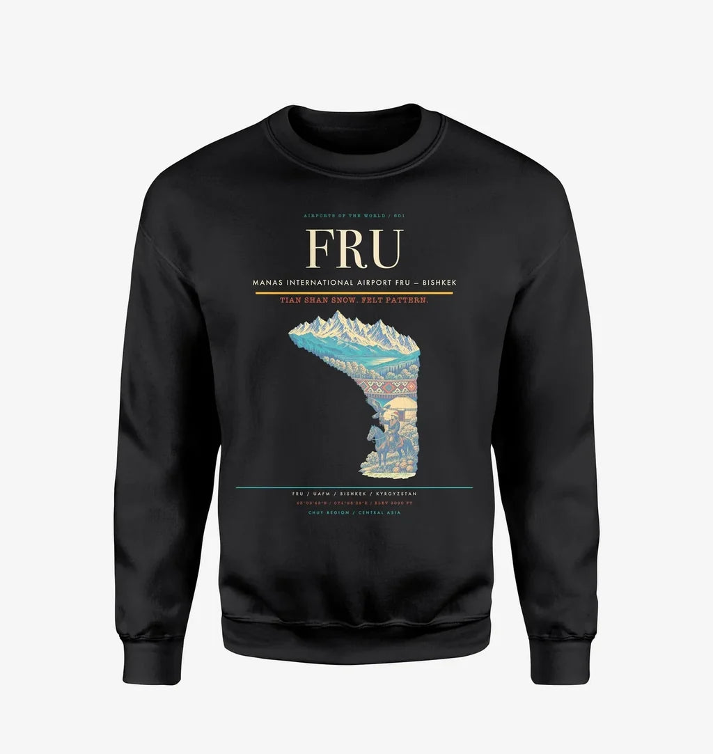Manas International Airport (FRU) design on black sweatshirt