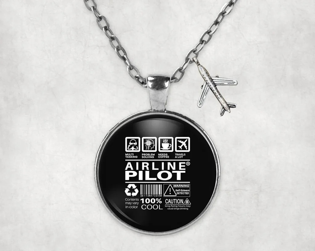 Side view of Airline Pilot Label aviation necklace in stainless steel, polished finish.