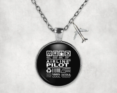 Side view of Airline Pilot Label aviation necklace in stainless steel, polished finish.