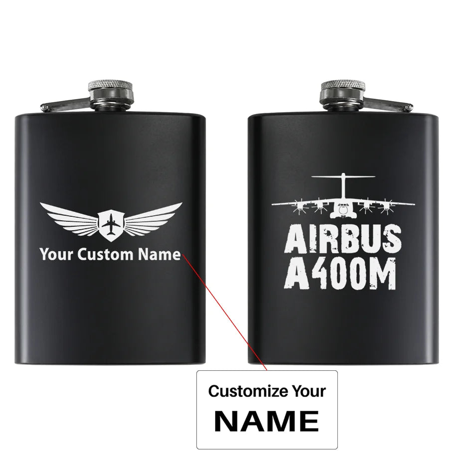 Airbus A400M & Plane aviation design on stainless hip flask, compact pocket-size flask.