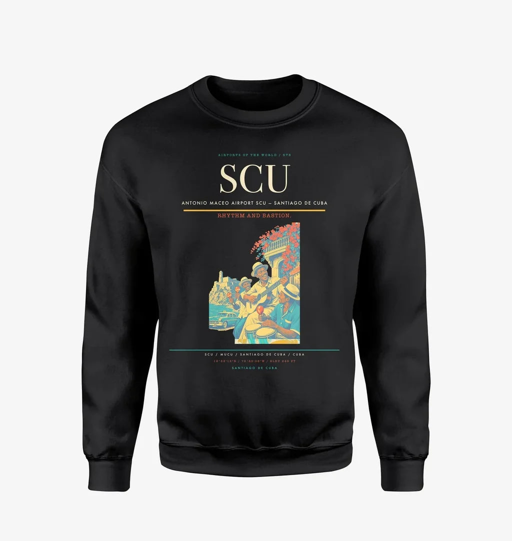 Antonio Maceo Airport (SCU) design on black sweatshirt