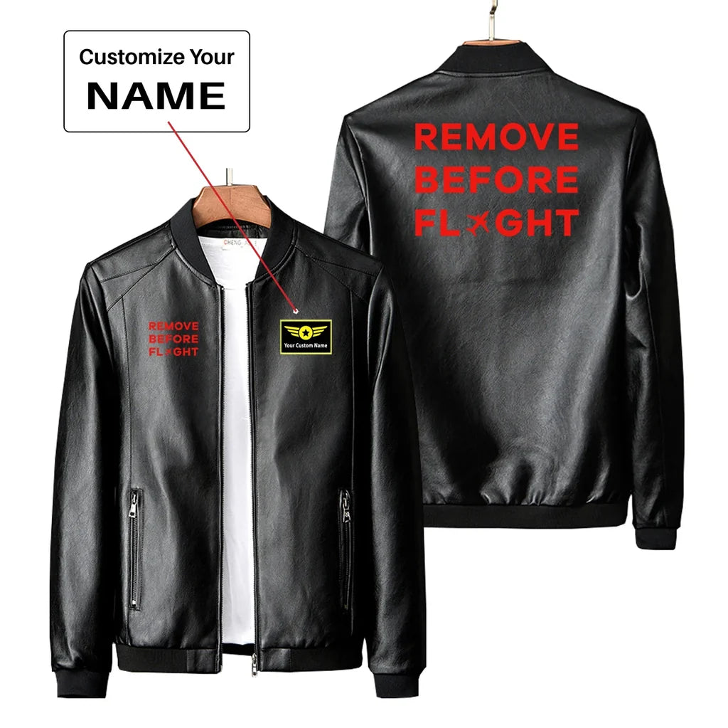 Remove Before Flight PU aviation design printed on genuine leather with quilted lining leather jacket.