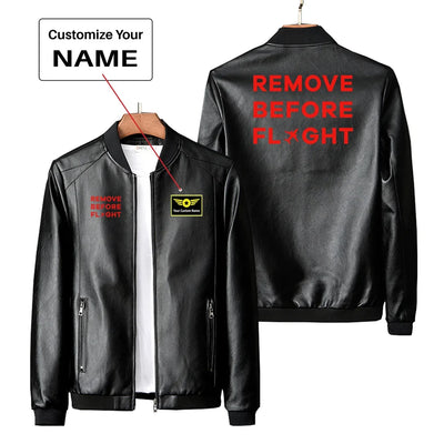 Remove Before Flight PU aviation design printed on genuine leather with quilted lining leather jacket.