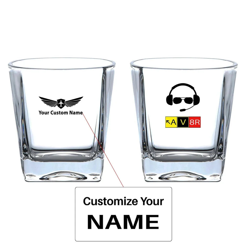 AV8R 2 aviation design on whiskey glass, crystal-clear premium glassware.