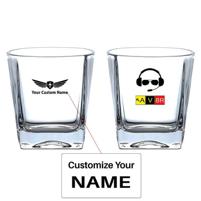 AV8R 2 aviation design on whiskey glass, crystal-clear premium glassware.