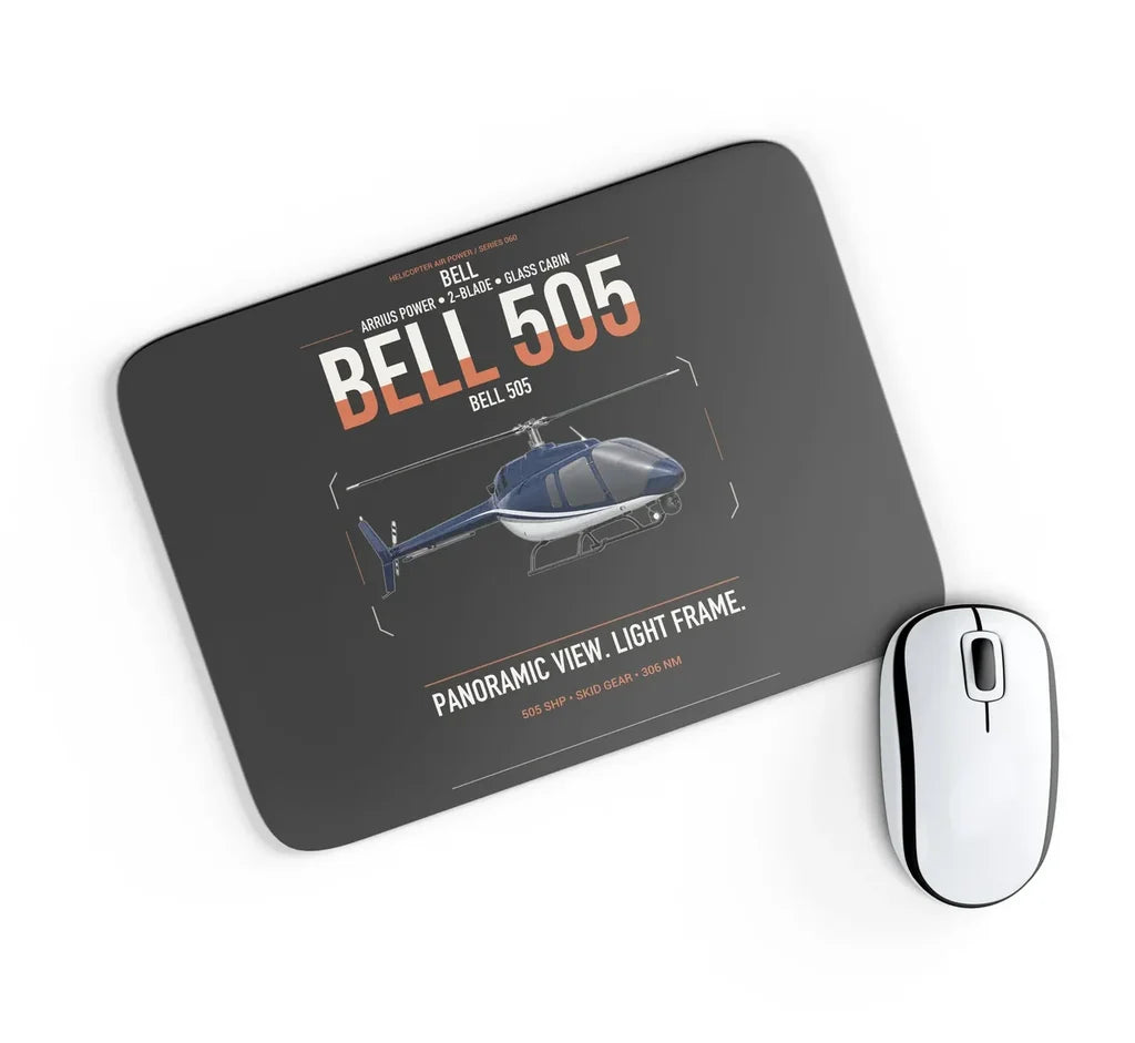 Bell 505 design on black rectangle mouse pad