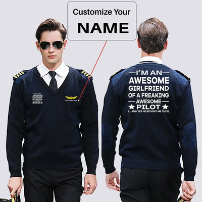 I am an Awesome Girlfriend aviation design on premium wool blend wool pilot sweater.