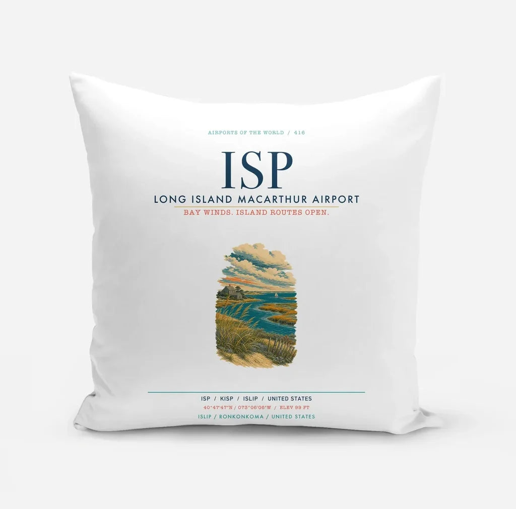 Long Island MacArthur Airport (ISP) design on white pillow