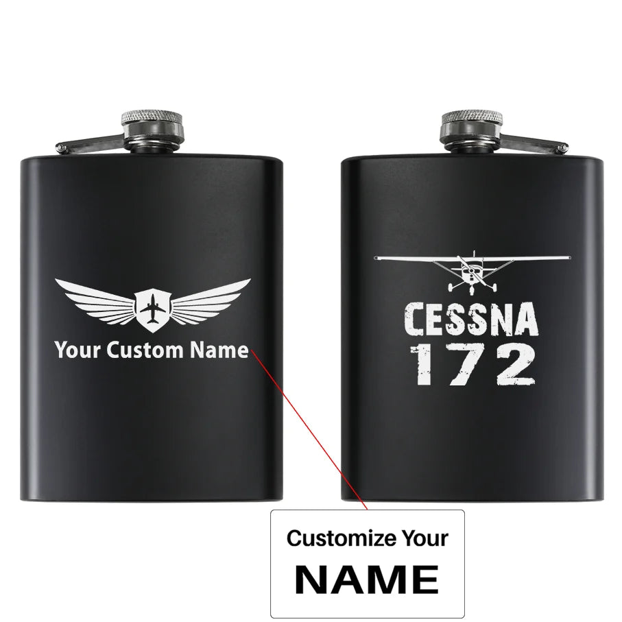 Cessna 172 & Plane aviation design on stainless hip flask, compact pocket-size flask.