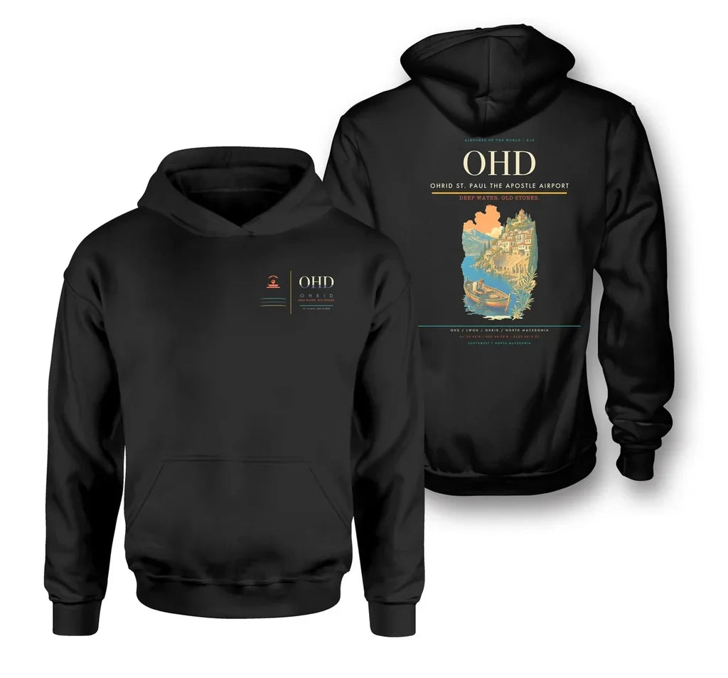 Ohrid St. Paul the Apostle Airport (OHD) design on black double-side hoodie