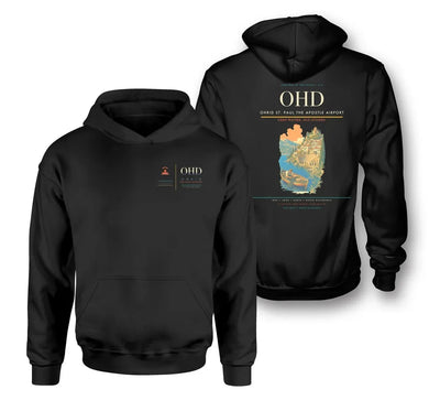 Ohrid St. Paul the Apostle Airport (OHD) design on black double-side hoodie
