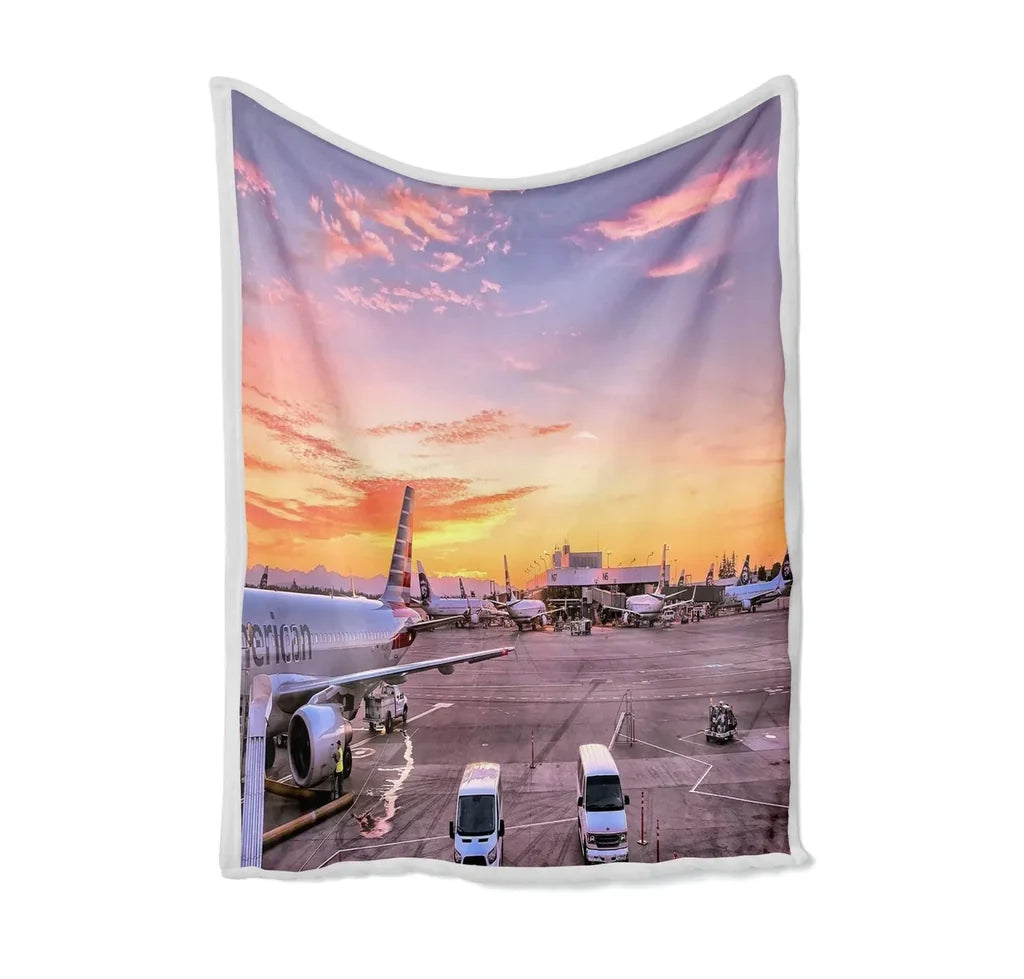 Airport Photo During Sunset Bed Blankets & aviation print on soft fleece blanket.