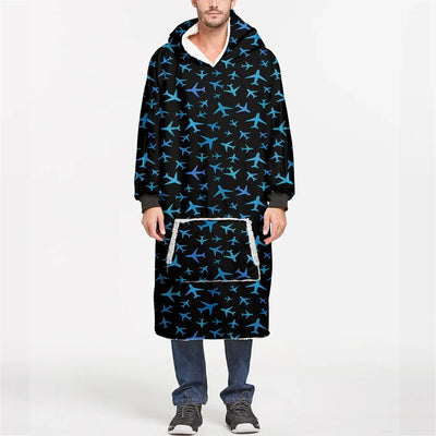 Many Airplanes Black aviation design on soft fleece blanket hoodie.