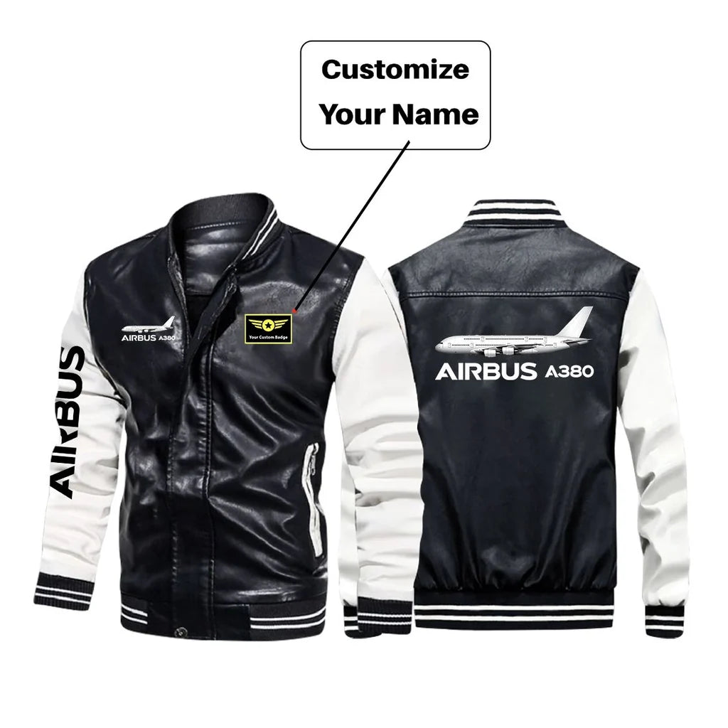 The Airbus A380 aviation design printed on genuine leather with modern tailored fit stylish leather jacket.
