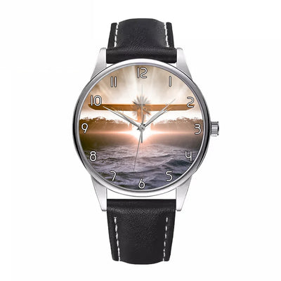 Graphical Propeller aviation-themed watch with leather strap, polished leather strap.