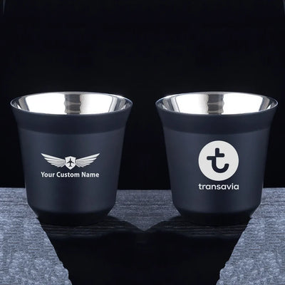 Transavia France Airlines aviation design on double-wall coffee mug, vacuum-insulated double-wall.