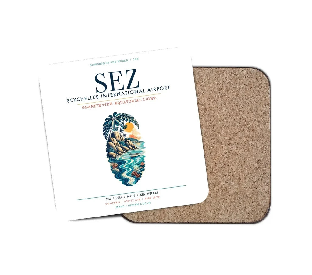 Seychelles International Airport (SEZ) design on white 1 piece coaster