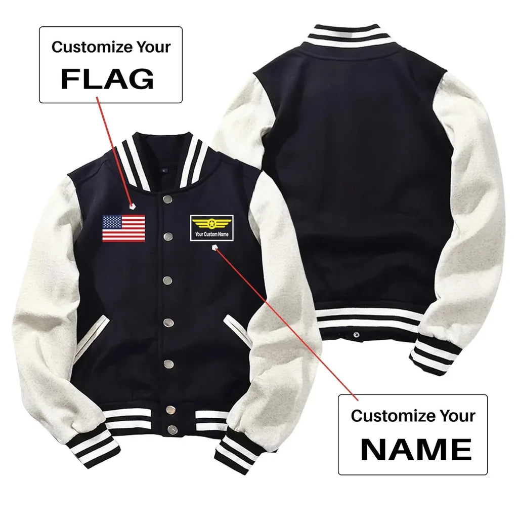 Custom Flag & Name with "Badge 1" Baseball Style aviation design printed on two-tone shell with ribbed cuffs baseball jacket.