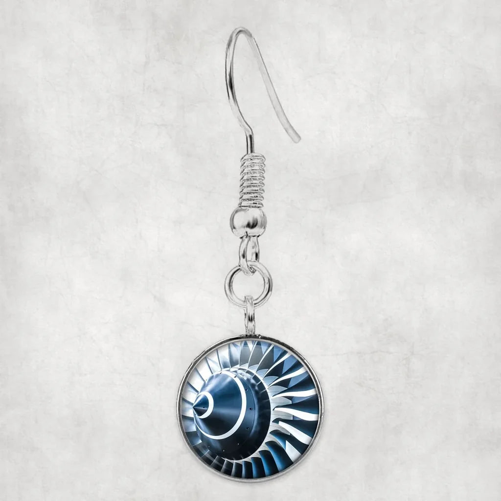 Blue Toned Super Jet Engine Blades Closeup aviation earrings, hypoallergenic alloy body with engraved detail.