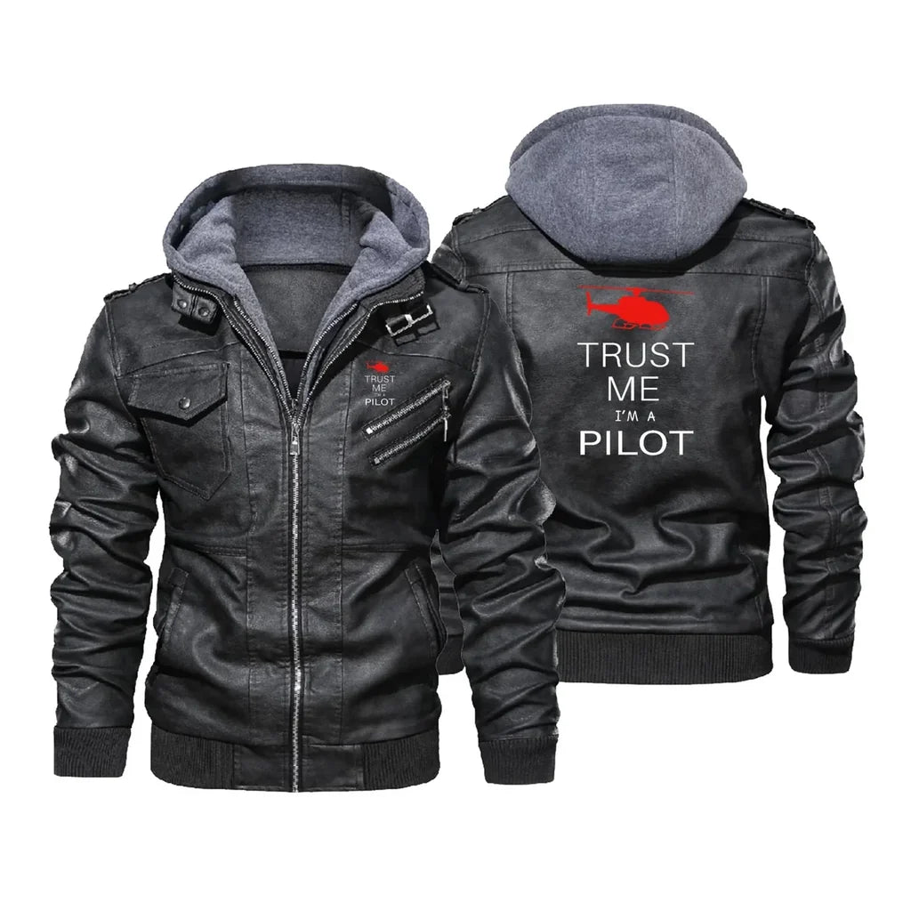Trust Me I'm a Pilot (Helicopter) aviation design printed on genuine leather with detachable hood hooded leather jacket.