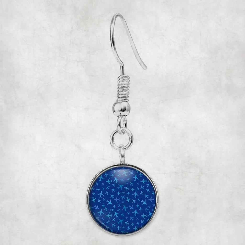 Many Airplanes Blue aviation earrings, hypoallergenic alloy body with engraved detail.