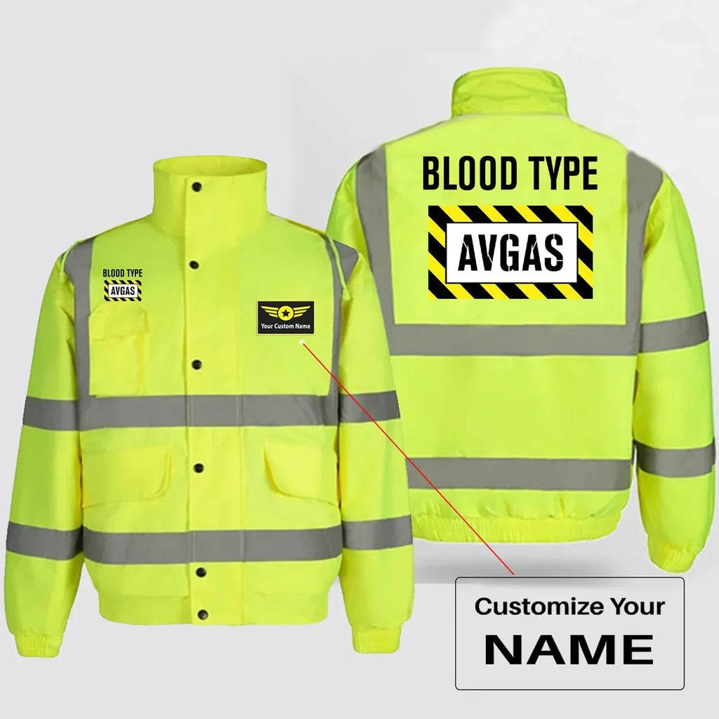 Blood Type AVGAS aviation design printed on insulated shell with high-visibility reflective panels reflective winter jacket.