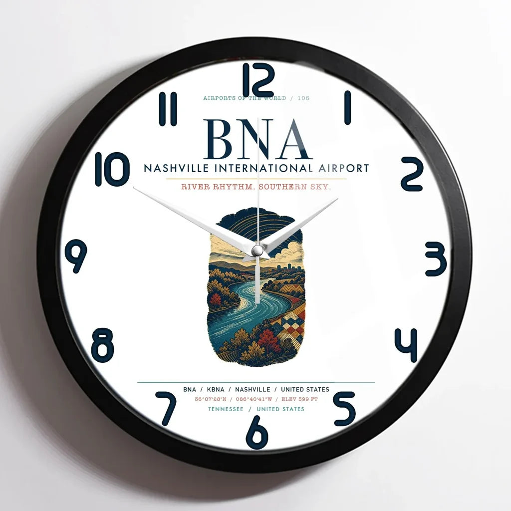 Nashville International Airport (BNA) design on white framed wall clock