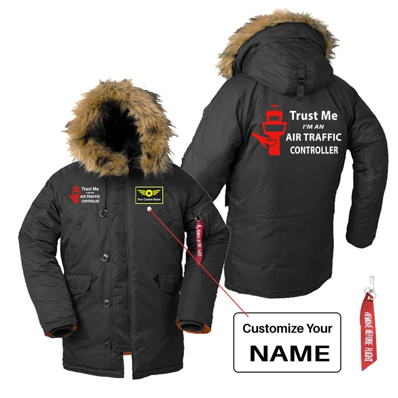 Trust Me I'm an Air Traffic Controller aviation design printed on heavyweight shell with hooded warmth parka bomber.