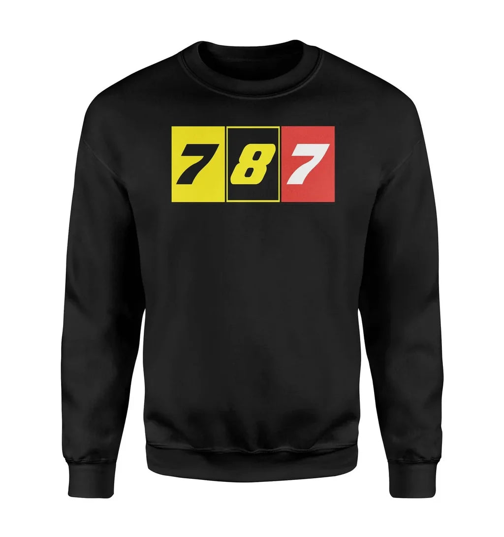Flat Colourful 787 aviation design printed on soft cotton blend sweatshirt.
