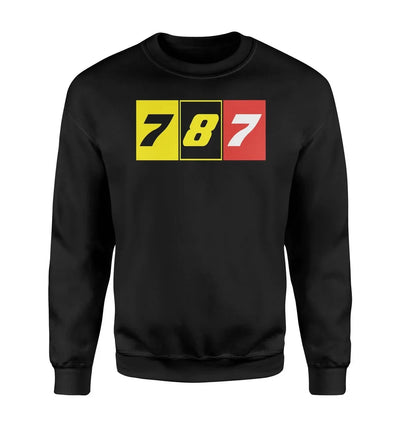 Flat Colourful 787 aviation design printed on soft cotton blend sweatshirt.