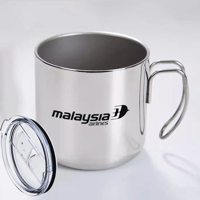 Malaysia Airlines aviation design on portable mug, vacuum-insulated double-wall.