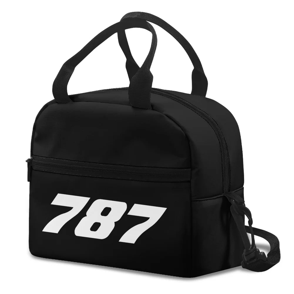 Boeing 787 Flat Text aviation design lunch bag, insulated polyester construction.