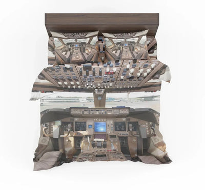 Boeing 747 Cockpit aviation print bedding set, soft cotton blend.
