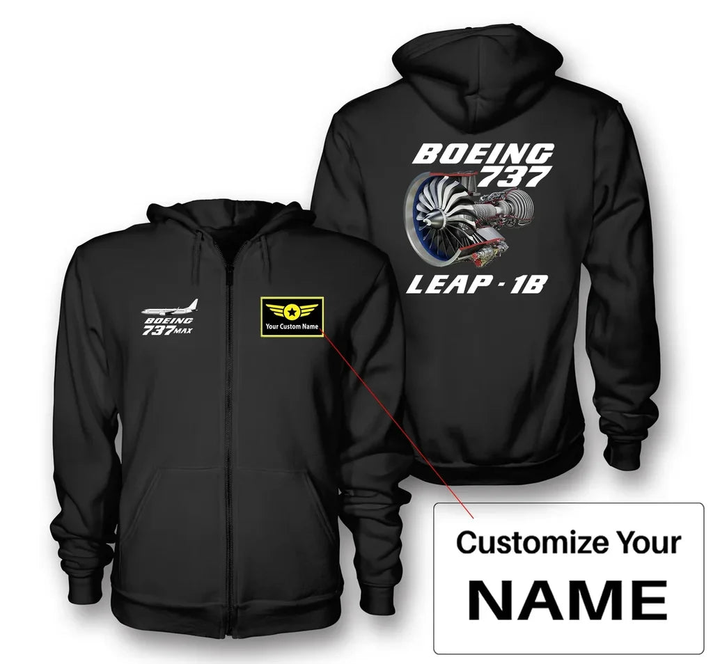 Boeing 737 & Leap 1B aviation design on soft cotton blend zipped hoodie.