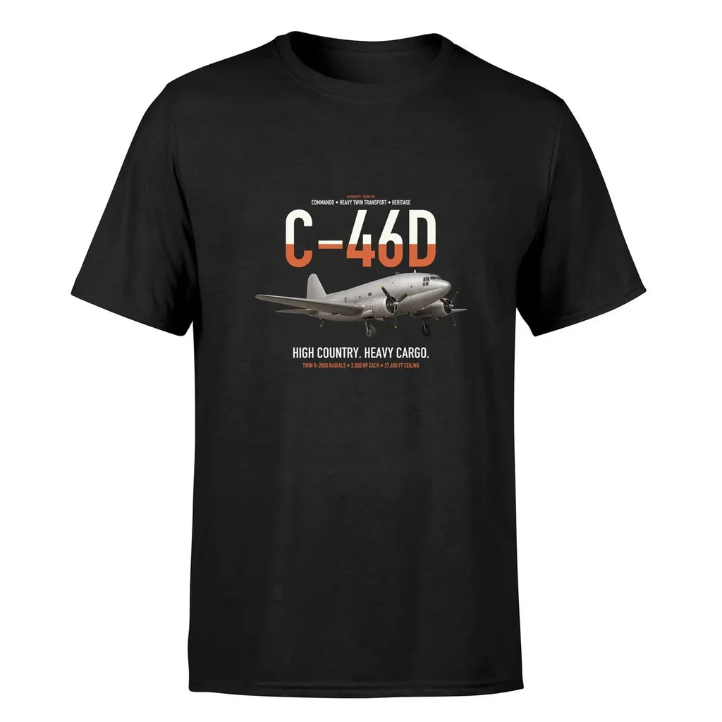 C-46D Commando design on black double-side t-shirt, single-side print